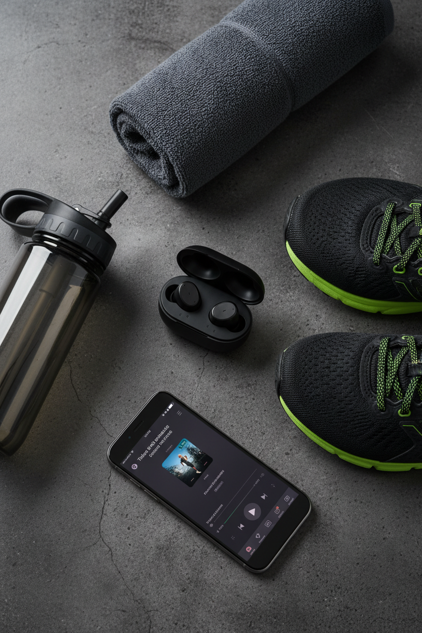 Wireless Bluetooth earbuds lifestyle shot with gym and fitness accessories