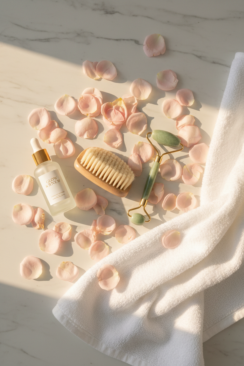 Lymphatic Contour Face Brush lifestyle shot on marble with skincare products
